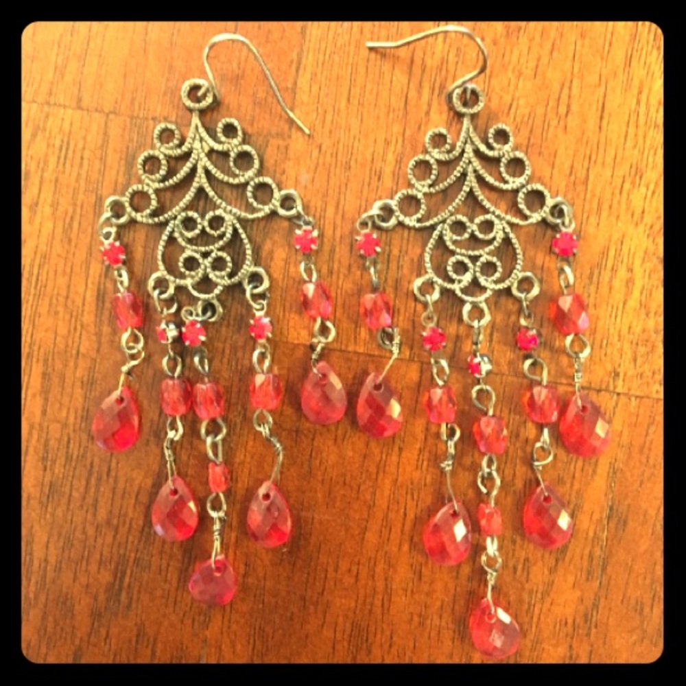 Chandelier-style Earrings with Red Beads